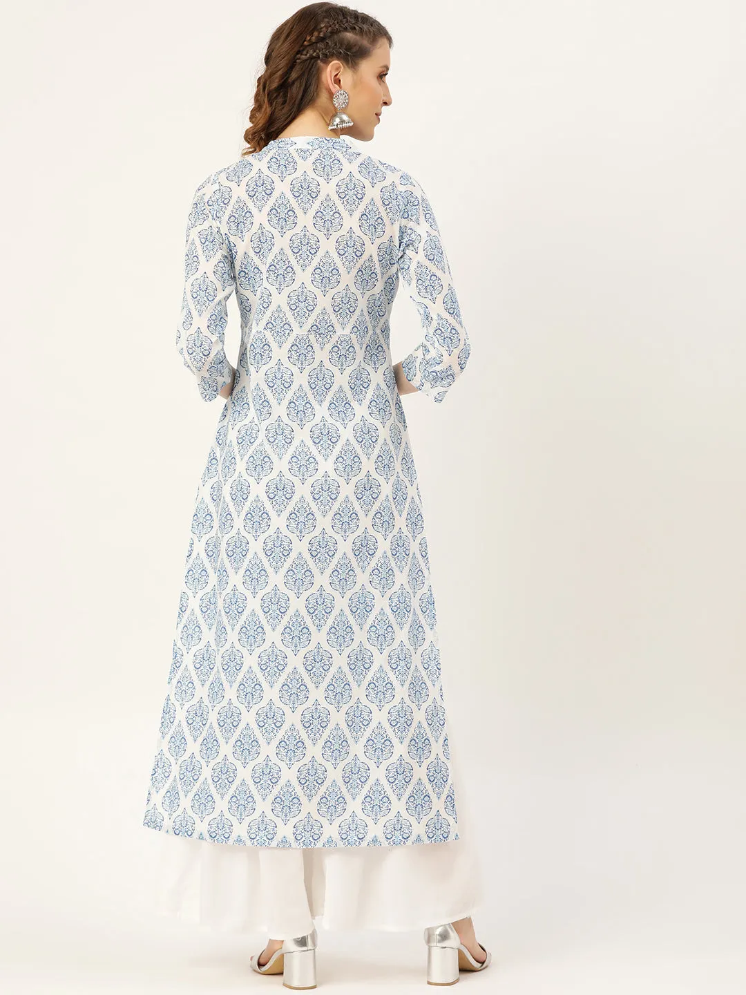 Women Blue Motif Floral Straight Yoke Kurta