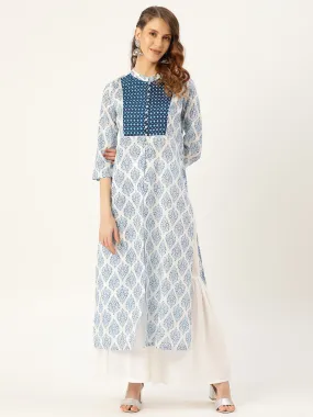 Women Blue Motif Floral Straight Yoke Kurta
