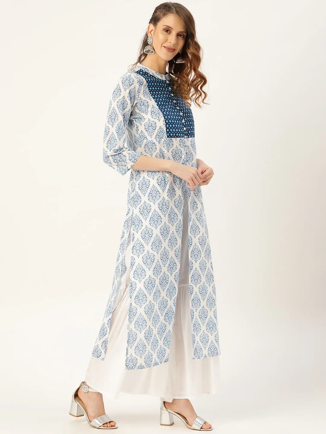 Women Blue Motif Floral Straight Yoke Kurta