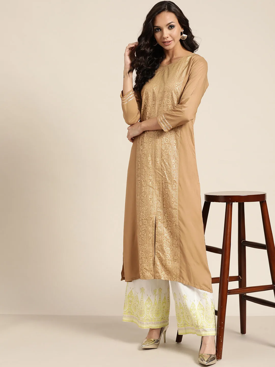 Women Brown Foil Print Panel Liva Kurta