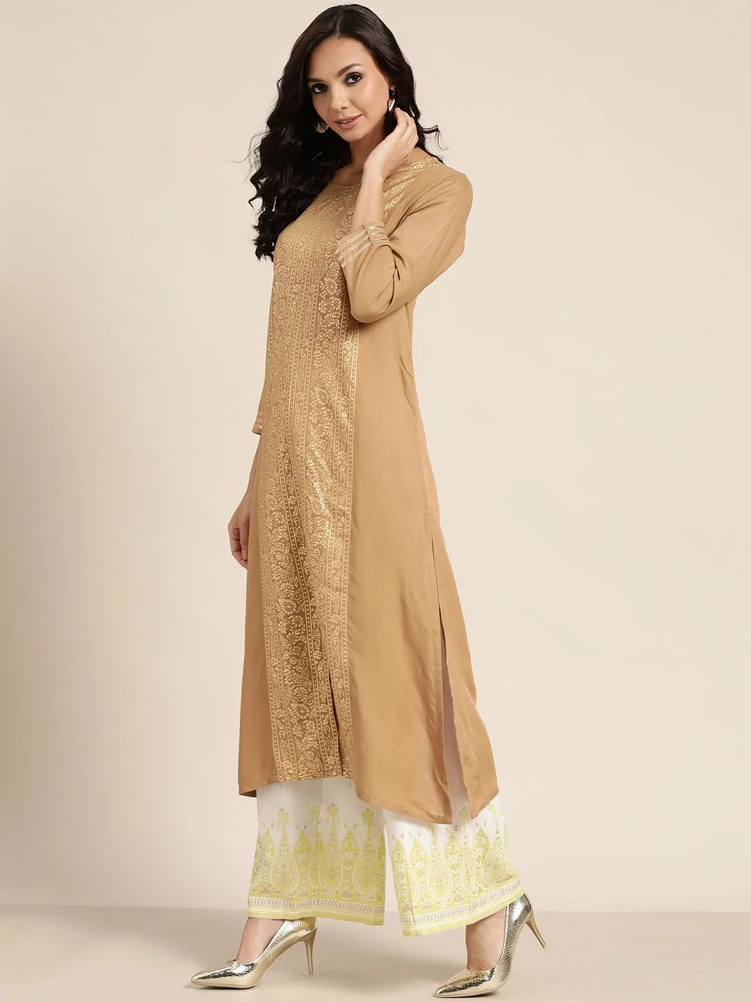 Women Brown Foil Print Panel Liva Kurta