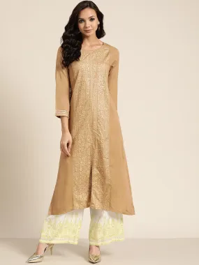 Women Brown Foil Print Panel Liva Kurta