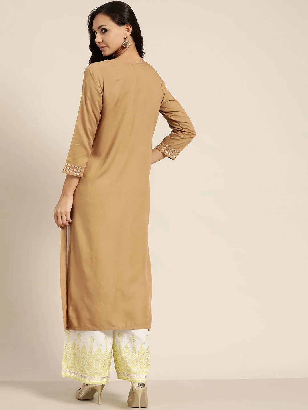 Women Brown Foil Print Panel Liva Kurta