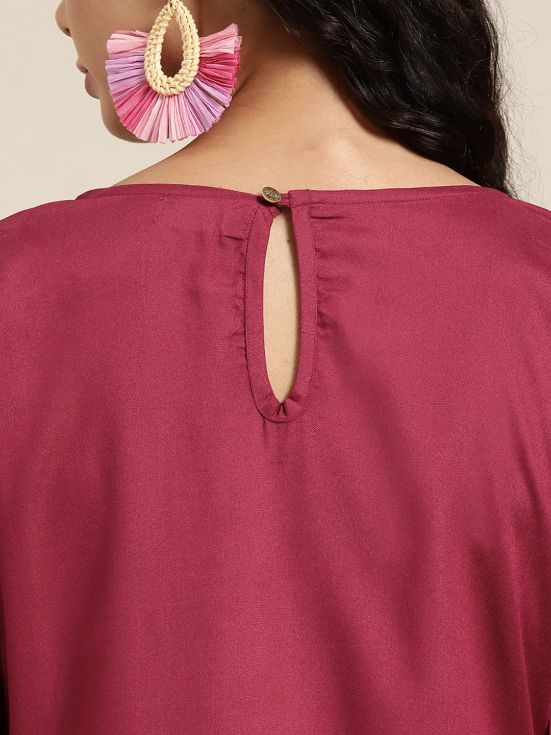 Women Burgundy Foil Print Liva Kurta