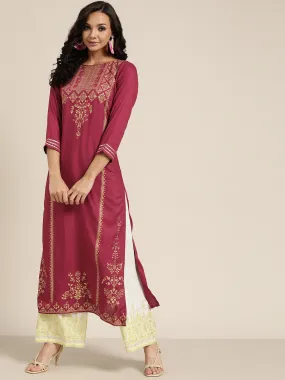 Women Burgundy Foil Print Liva Kurta