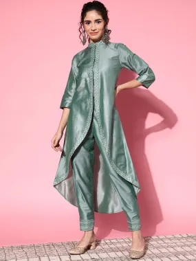Women Green Mirror Embroidered High Low Jacket Kurta