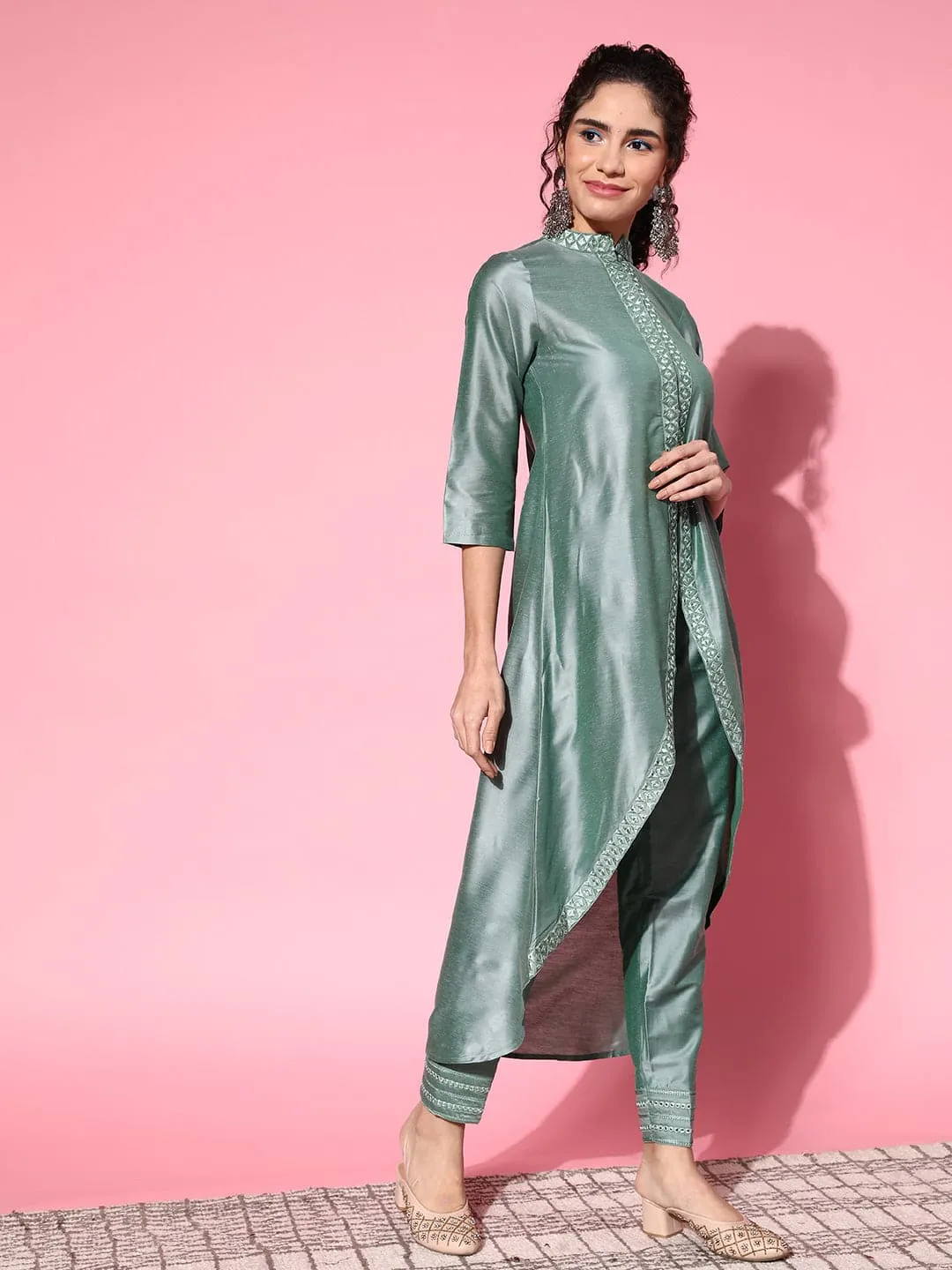 Women Green Mirror Embroidered High Low Jacket Kurta
