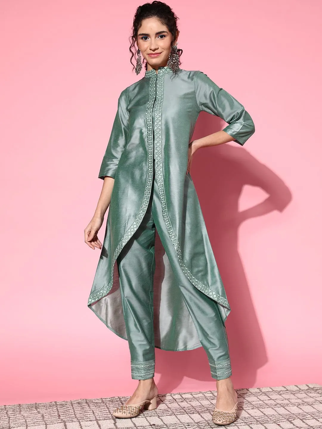 Women Green Mirror Embroidered High Low Jacket Kurta