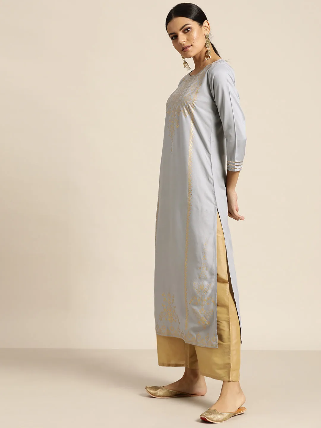 Women Grey Foil Print Liva Kurta