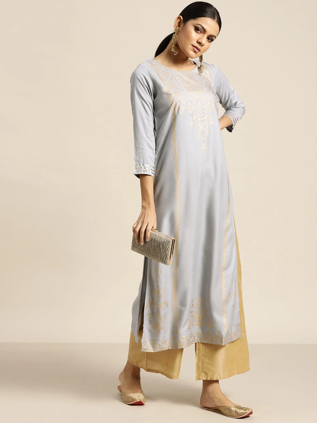 Women Grey Foil Print Liva Kurta