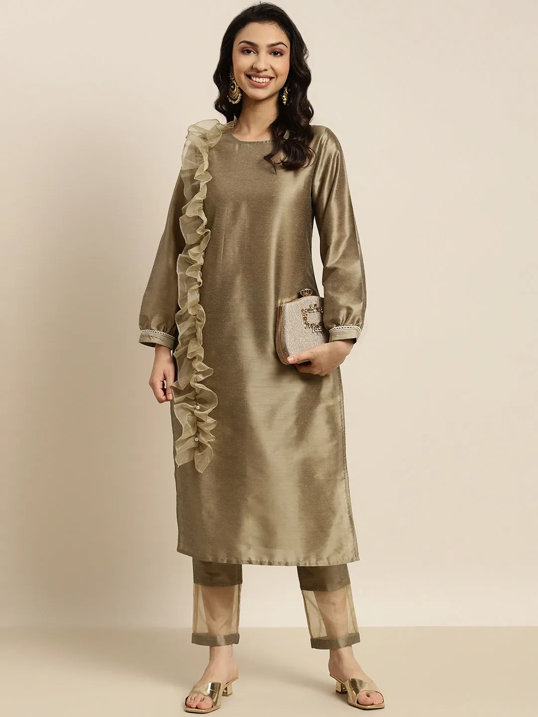 Women Grey Organza Ruffle Dupatta Straight Kurta