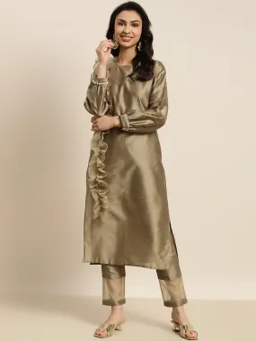 Women Grey Organza Ruffle Dupatta Straight Kurta