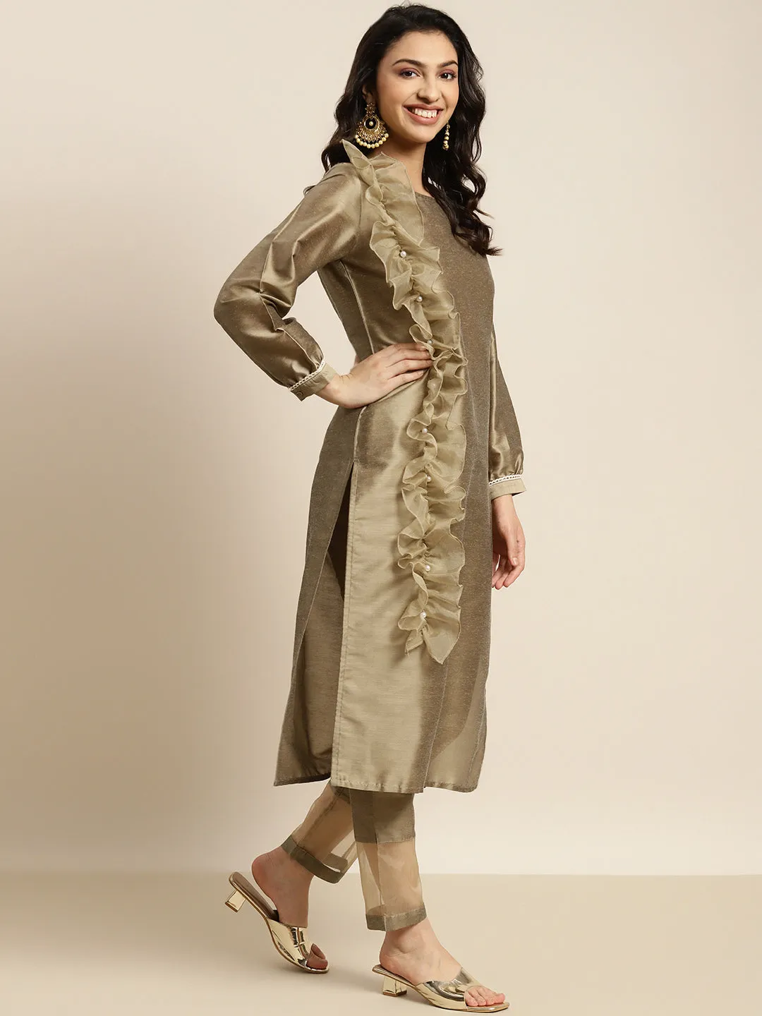 Women Grey Organza Ruffle Dupatta Straight Kurta