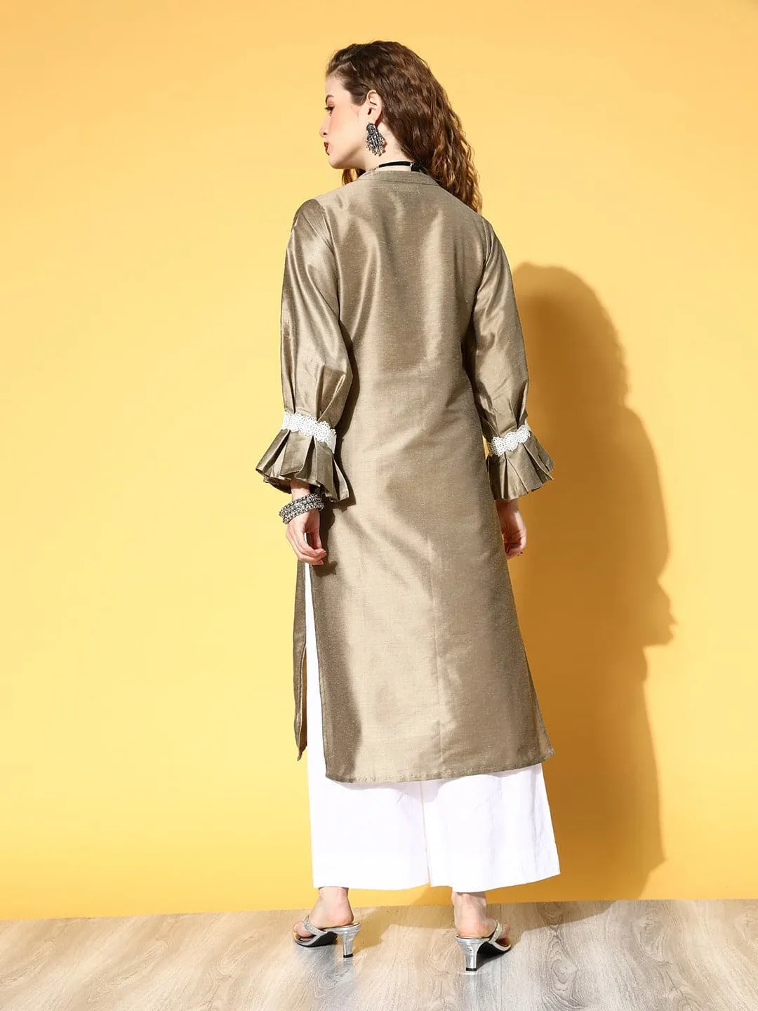 Women Grey Pleated Sleeve Detail Lace Kurta