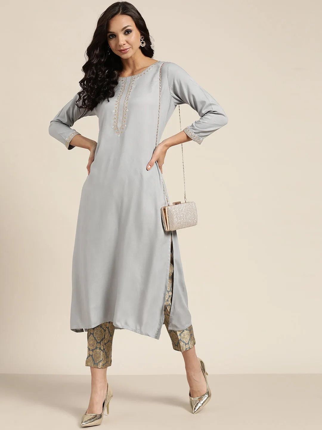 Women Grey Zari Embroidered Liva Kurta