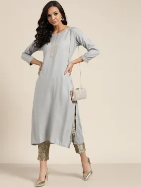 Women Grey Zari Embroidered Liva Kurta
