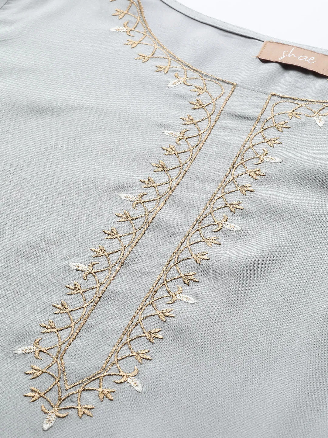 Women Grey Zari Embroidered Liva Kurta