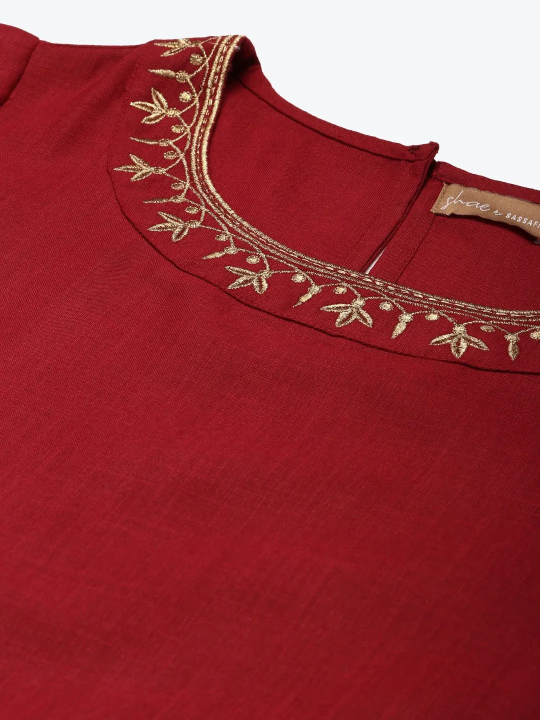 Women Maroon Embroidered Short Kurta