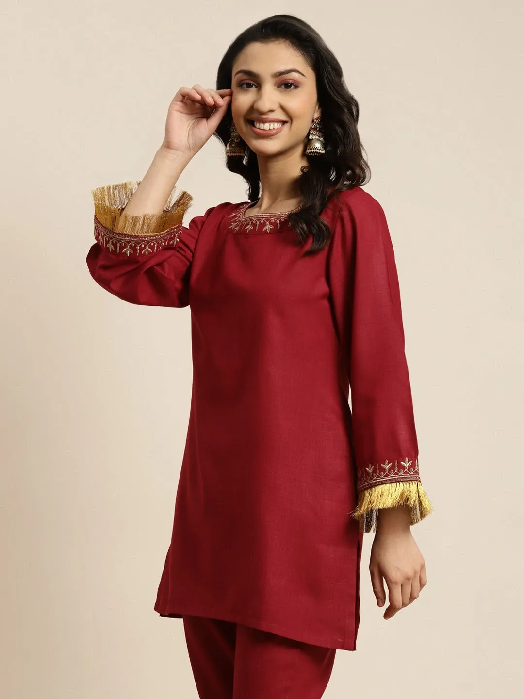 Women Maroon Embroidered Short Kurta