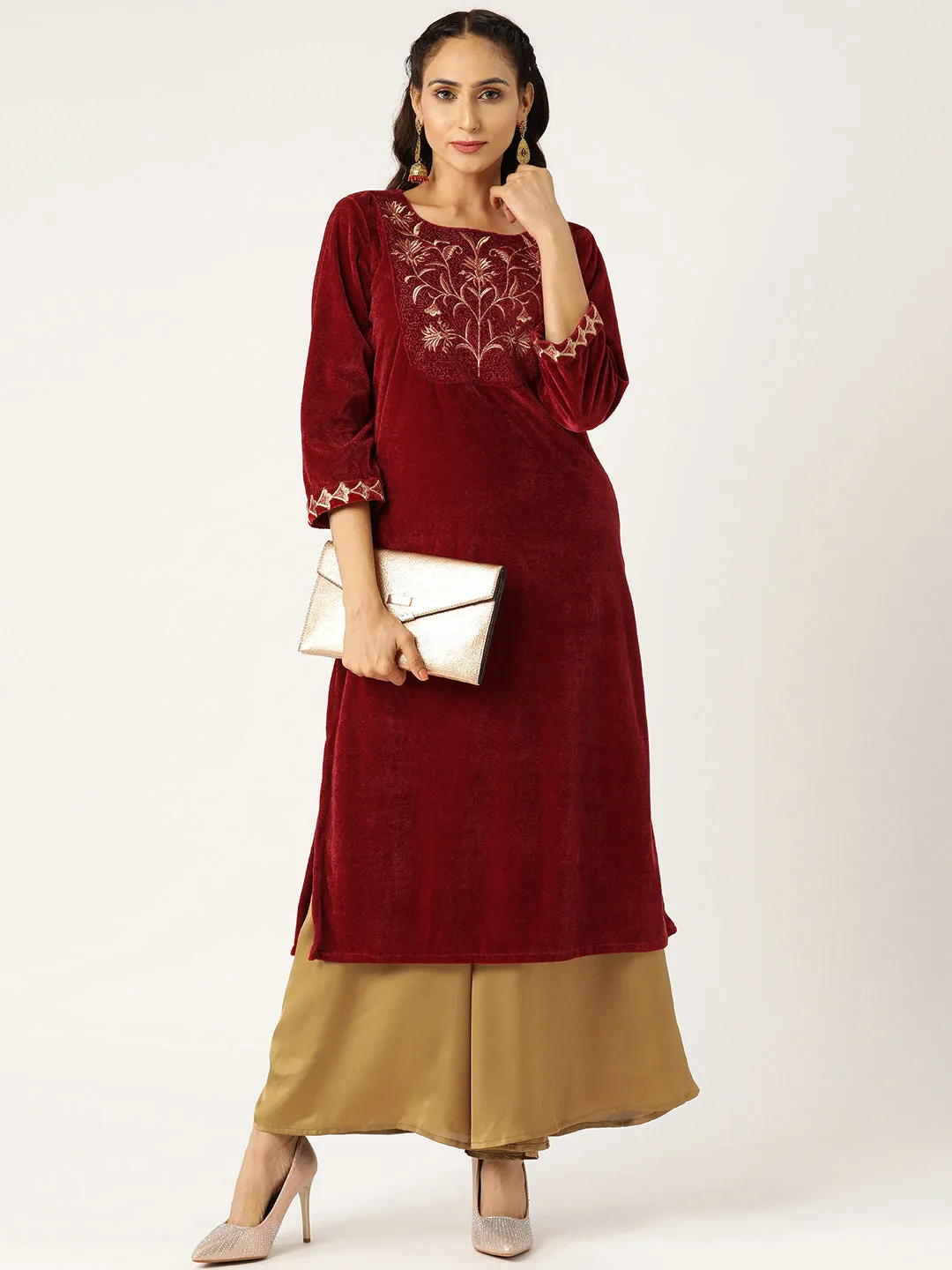 Women Maroon Embroidered Straight Velvet Kurta