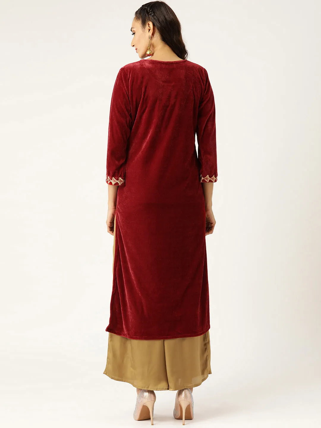 Women Maroon Embroidered Straight Velvet Kurta