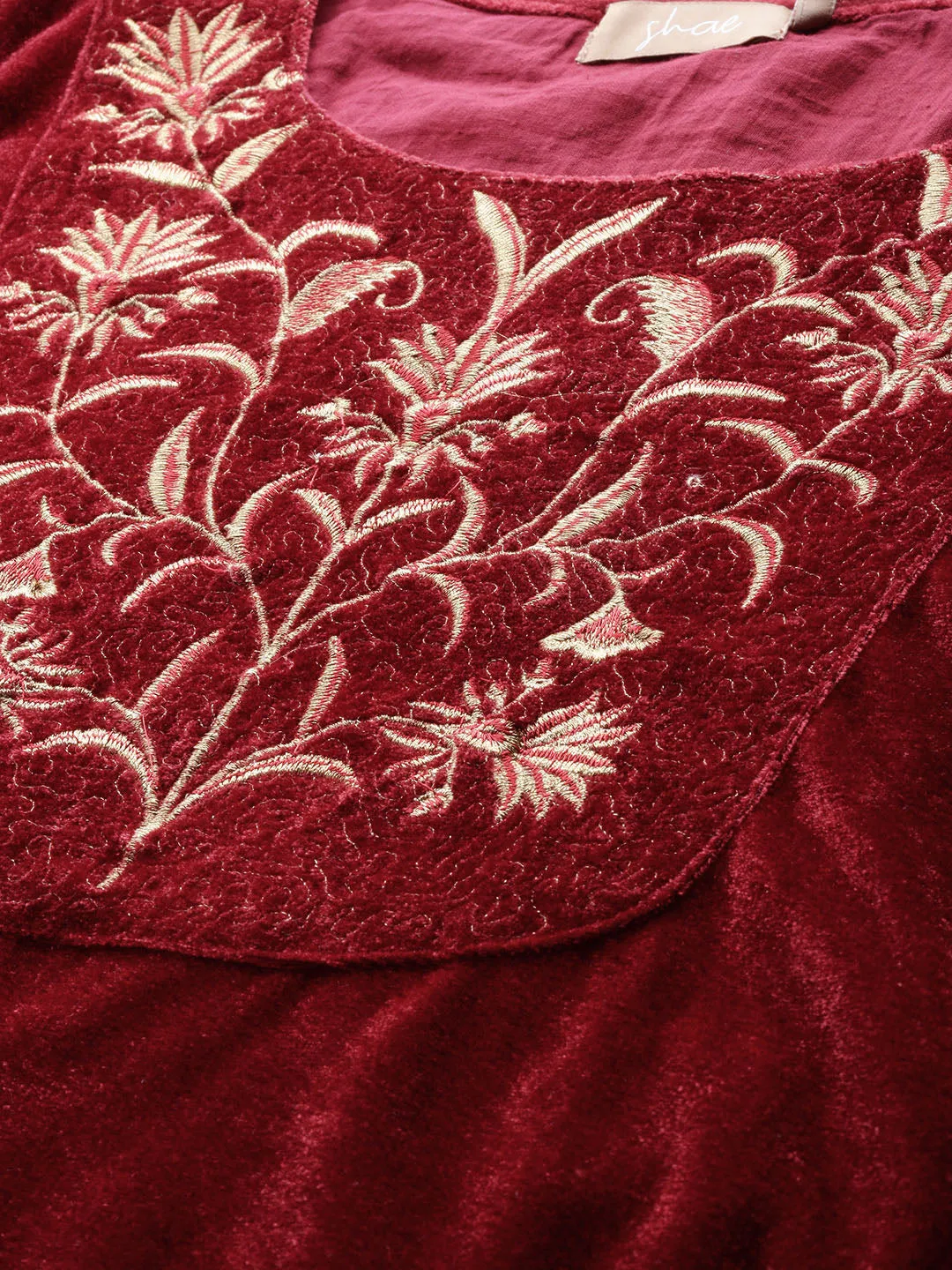 Women Maroon Embroidered Straight Velvet Kurta