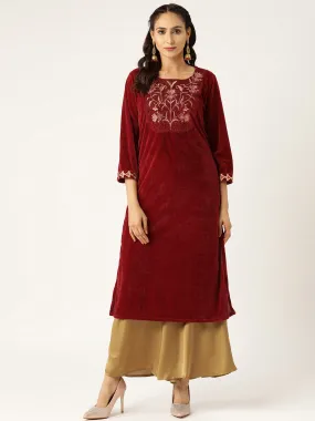 Women Maroon Embroidered Straight Velvet Kurta