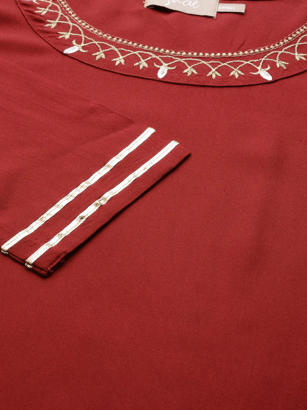 Women Maroon Neck Zari Embroidered Liva Kurta