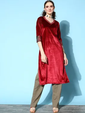 Women Maroon Velvet Embroidered Straight Kurta