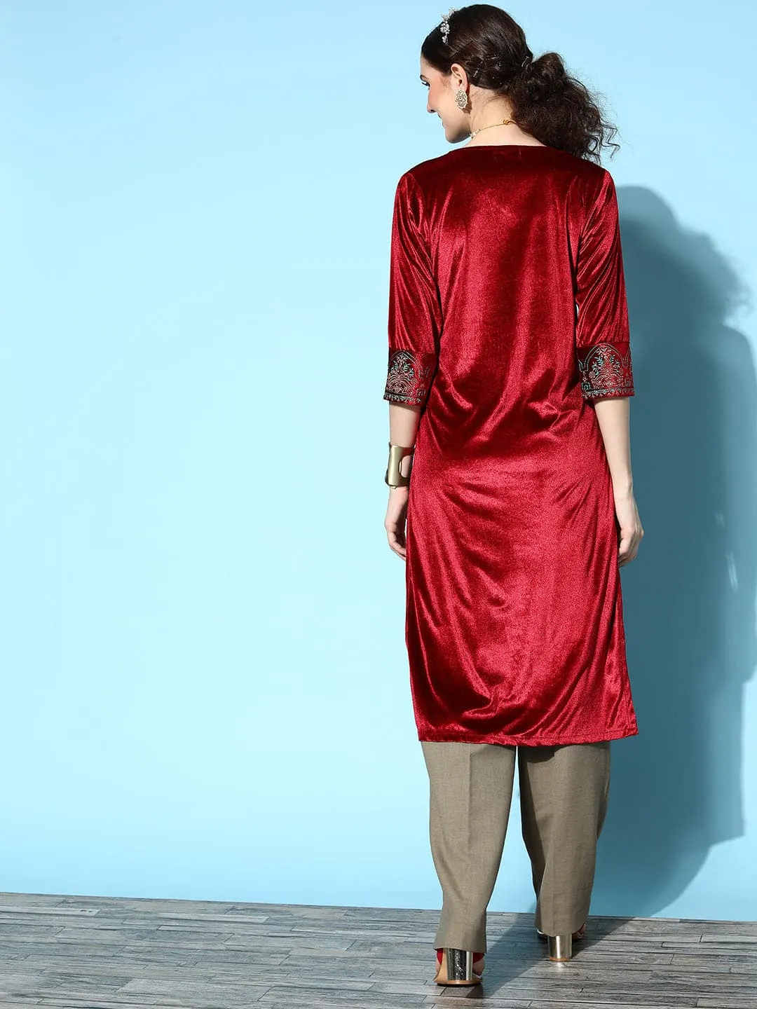Women Maroon Velvet Embroidered Straight Kurta
