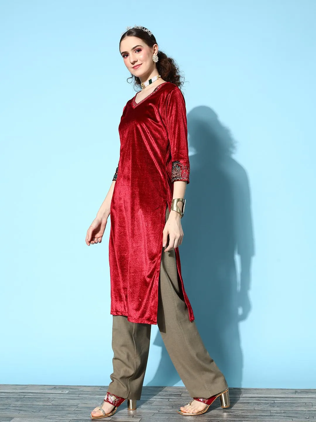Women Maroon Velvet Embroidered Straight Kurta