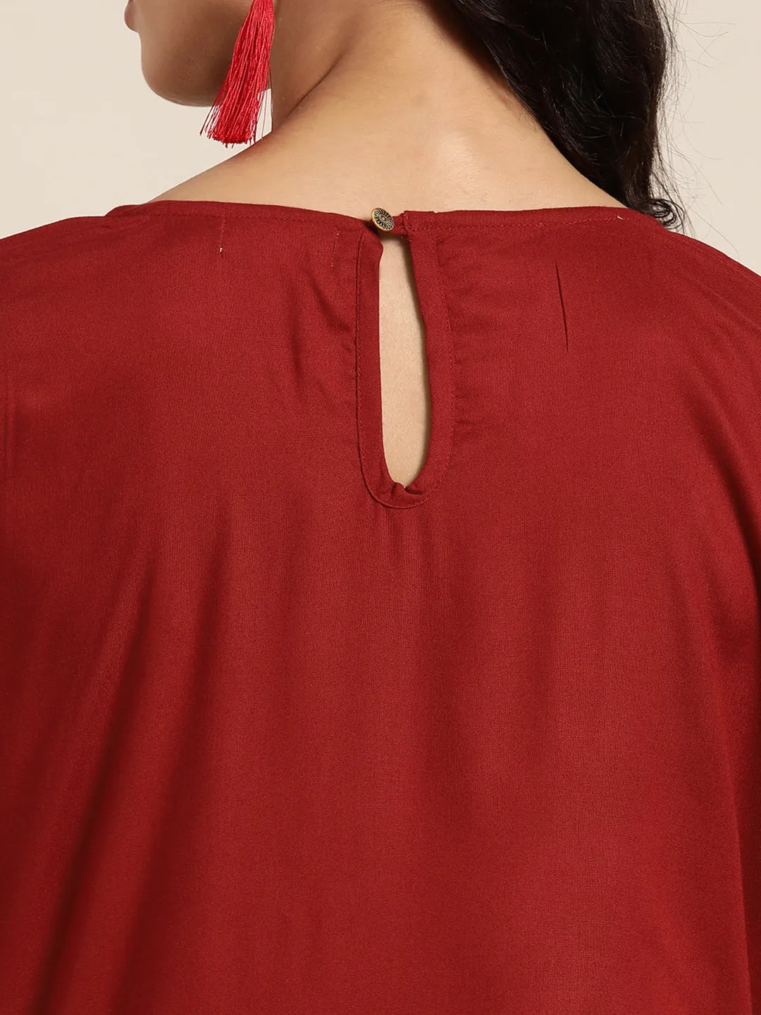 Women Maroon Zari Embroidered Liva Kurta