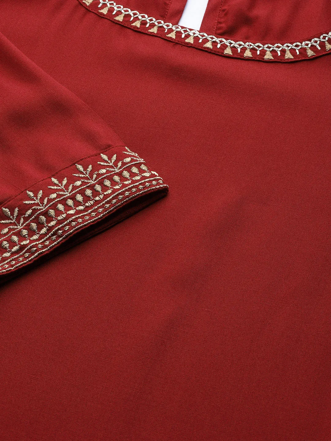Women Maroon Zari Embroidered Liva Kurta