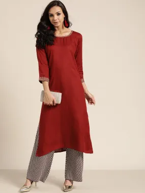 Women Maroon Zari Embroidered Liva Kurta