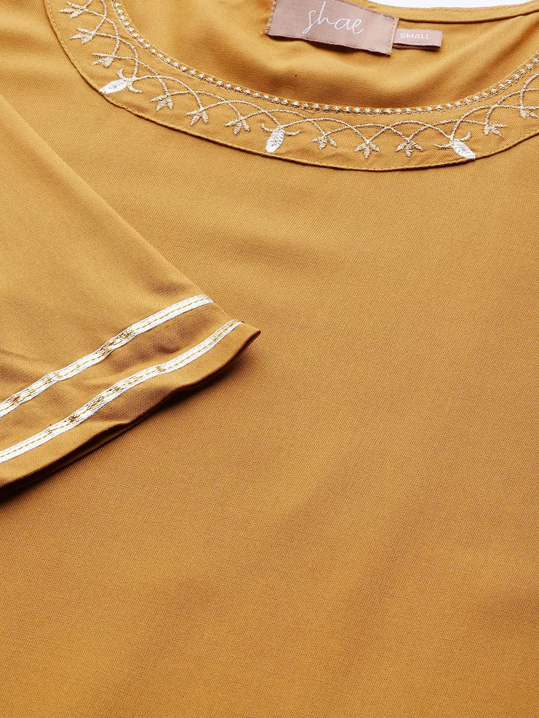 Women Mustard Neck Zari Embroidered Liva Kurta
