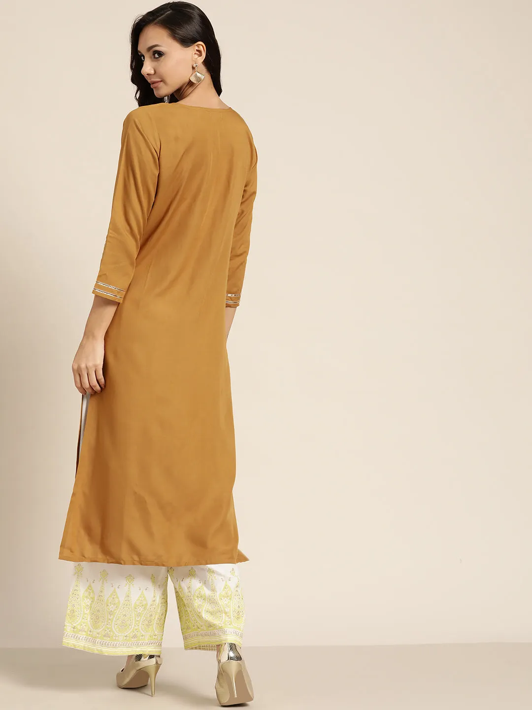 Women Mustard Neck Zari Embroidered Liva Kurta