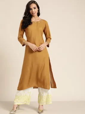Women Mustard Neck Zari Embroidered Liva Kurta