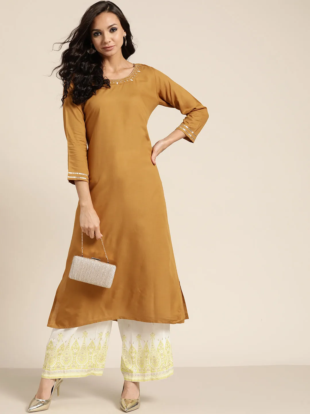 Women Mustard Neck Zari Embroidered Liva Kurta