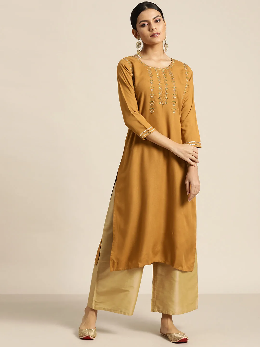Women Mustard Zari Embroidered Liva Kurta