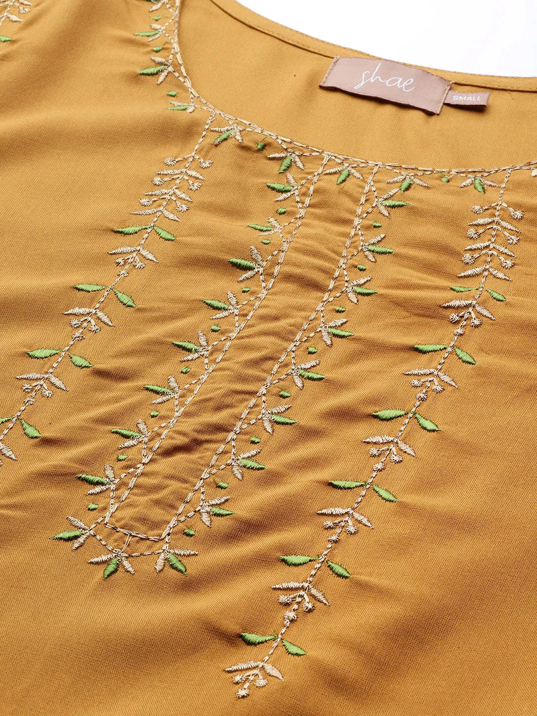 Women Mustard Zari Embroidered Liva Kurta