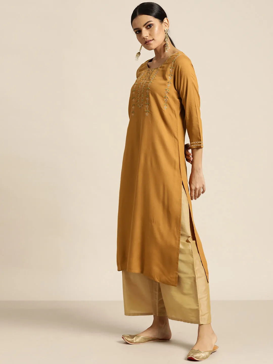 Women Mustard Zari Embroidered Liva Kurta