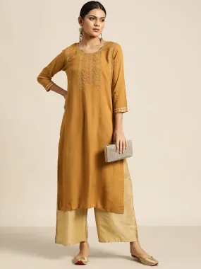 Women Mustard Zari Embroidered Liva Kurta