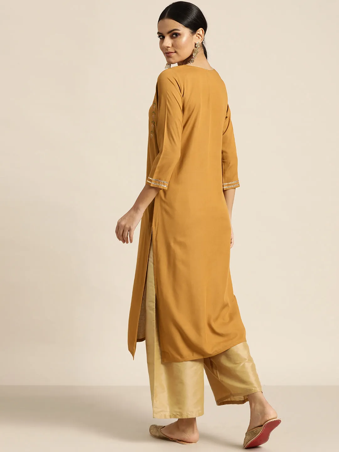 Women Mustard Zari Embroidered Liva Kurta