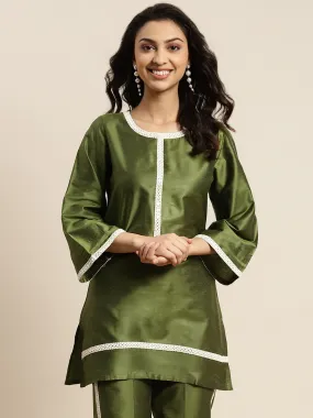 Women Olive Mirror Lace Short Kurta