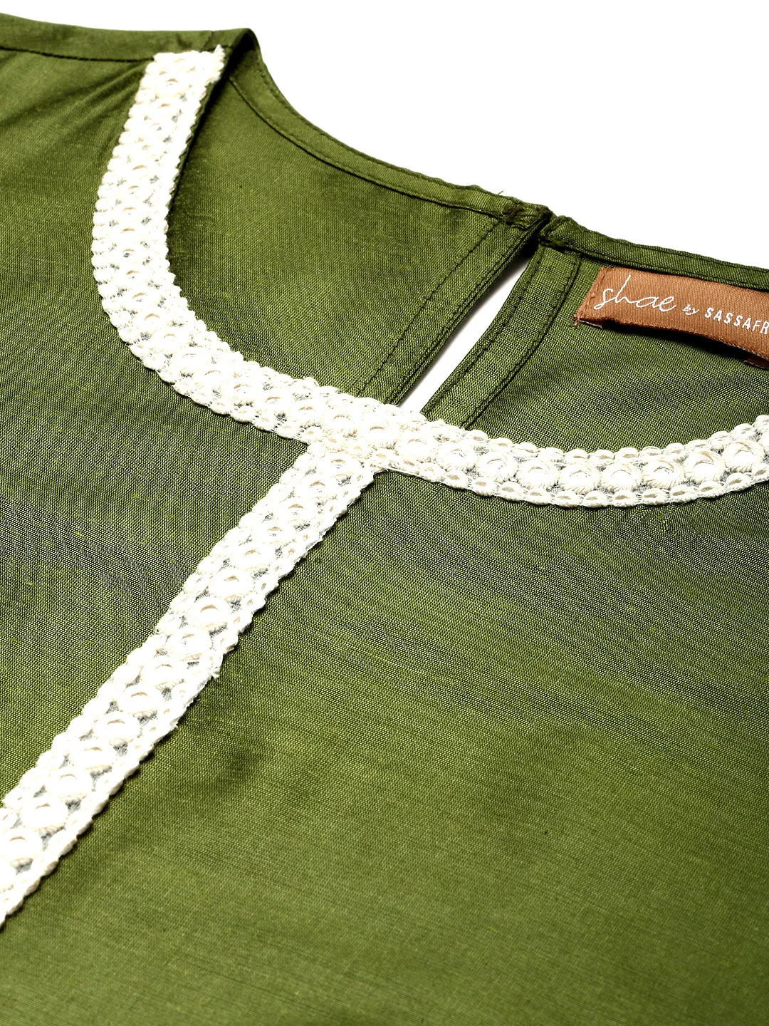 Women Olive Mirror Lace Short Kurta