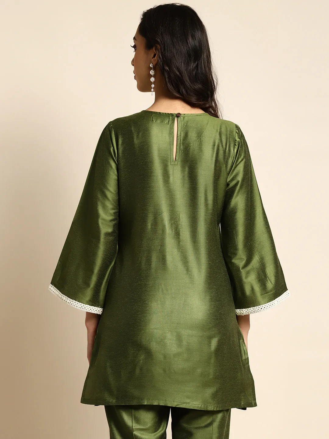 Women Olive Mirror Lace Short Kurta