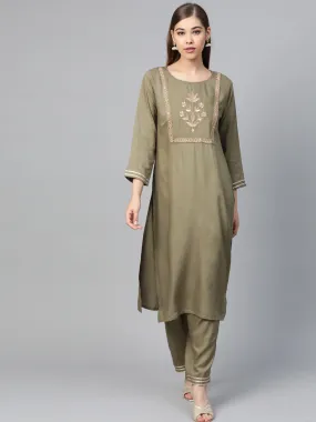 Women Olive Motif Zari Embroidery Kurta With Olive Pants