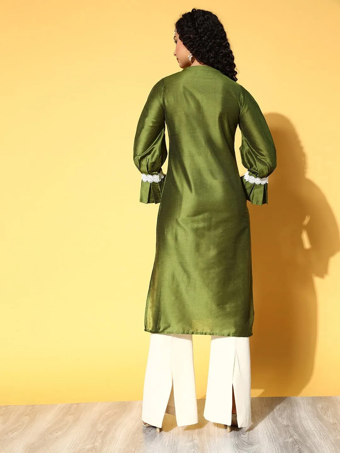 Women Olive Pleated Sleeves Detail Lace Kurta