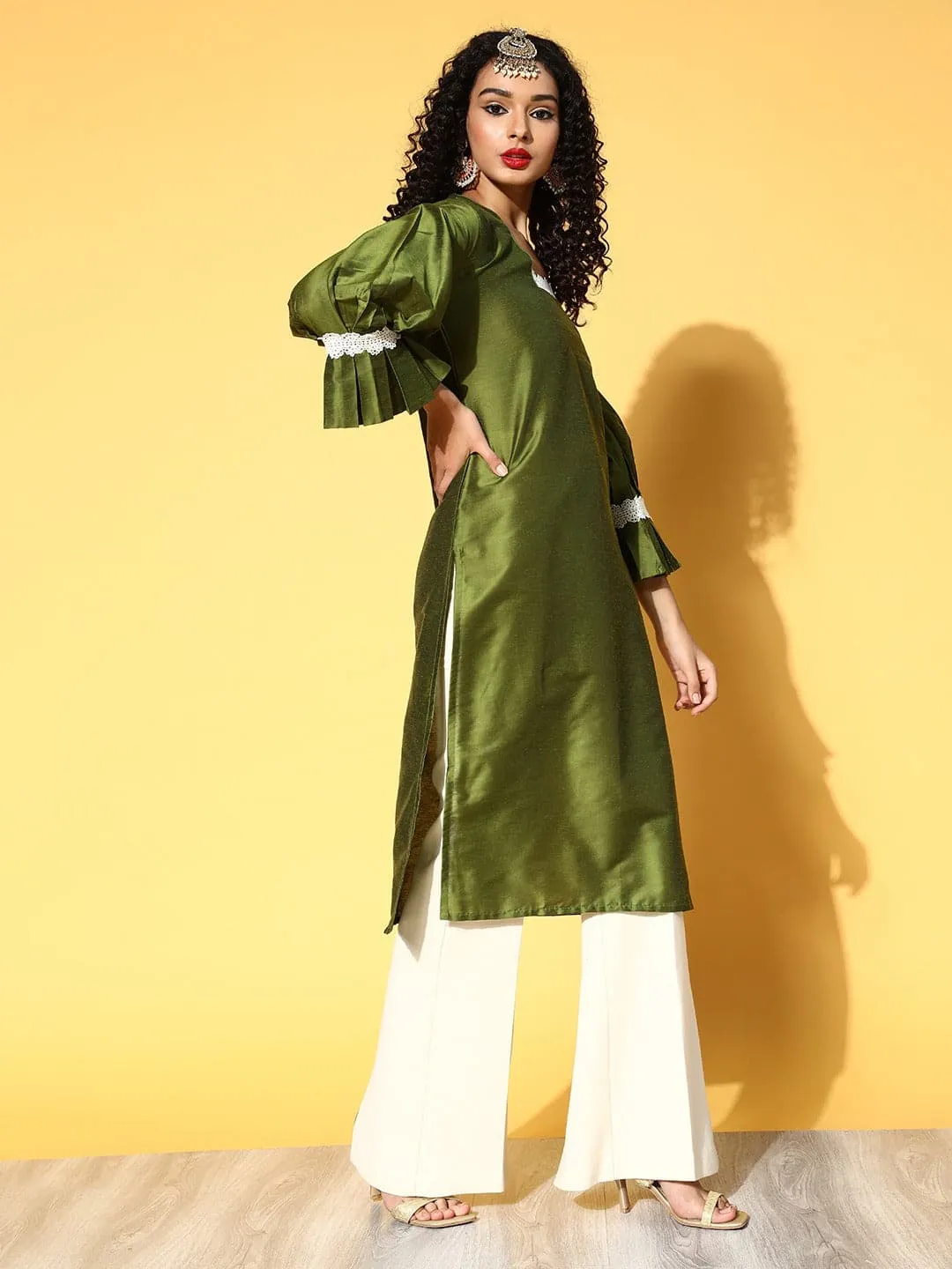 Women Olive Pleated Sleeves Detail Lace Kurta