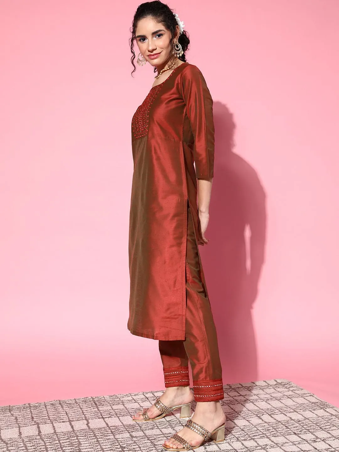 Women Rust Mirror Embroidered Kurta